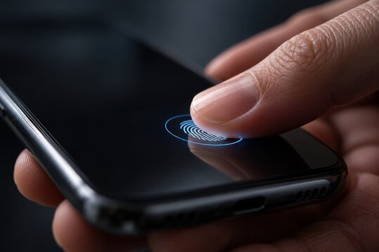 Close-up of a person unlocking a modern smartphone by scanning a fingerprint on the touch screen with glowing security graphics.