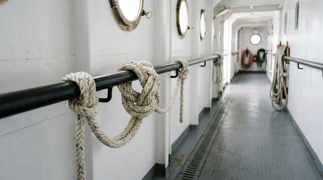 Nautical vessel deck hallway, ship railing with thick knotted ropes, maritime interior passageway with porthole windows