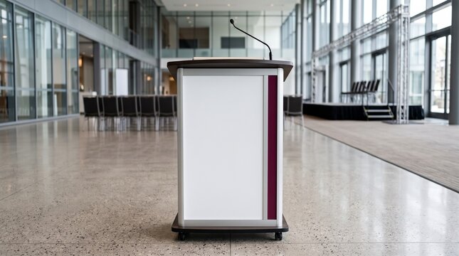 Modern professional podium lectern on wheels in a bright minimalist corporate conference event hall