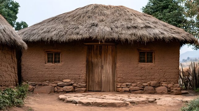 Traditional thatched roof house with mud walls and wooden door in rural setting  surrounded by trees and stone foundation