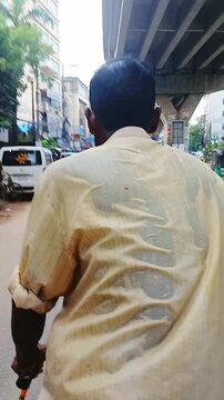 Rickshaw Puller Sweaty Shirt Back View City Street Flyover Vector Illustration