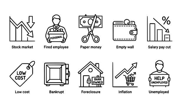 Economic crisis web icons set in line style vector financial recession collection decrease layoff job fired pay cuts isolated on white background