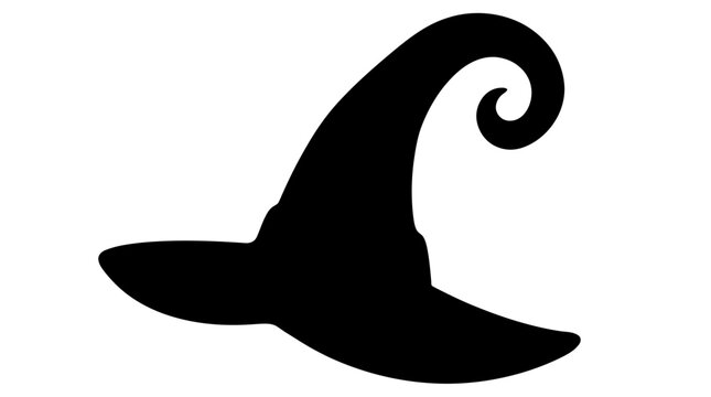 Halloween witch hat black silhouette with curled brim, minimalist vector icon for spooky banners, posters, and festive graphic design.