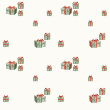 Watercolor Christmas seamless pattern with green gift boxes and red ribbons festive holiday background fabric vector art