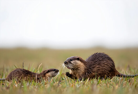 Wildlife conservation and biodiversity, muskrat mother and baby in natural wetland habitat, animal parenting and family bonding in the wild ecosystem