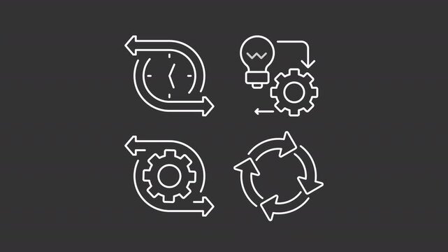 Continuous process optimization white line animation set. Digital tool usage animated outline icons. Improving workflow of software development. Dark mode linear motion graphics loop
