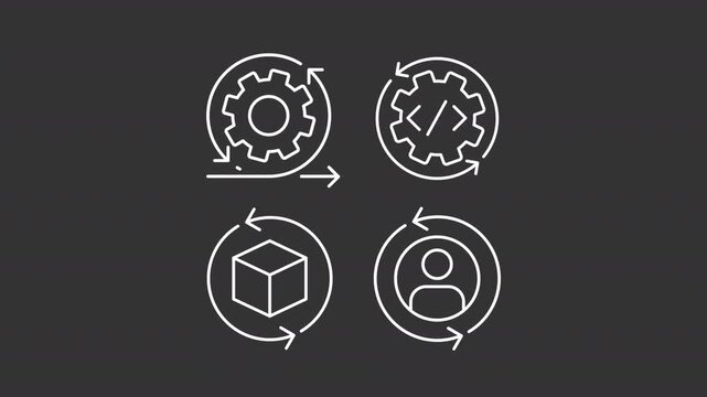 Continuous integration white line animation set. Software engineering approach animated outline icons. Quantitative data collection from customers. Dark mode linear motion graphics loop