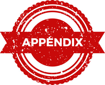 Appendix Red Grunge Rubber Stamp Icon with Retro Ribbon Banner on White Background