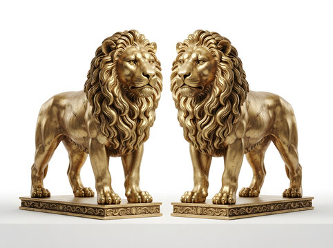 Two golden lion statues standing on rectangular bases isolated on white background