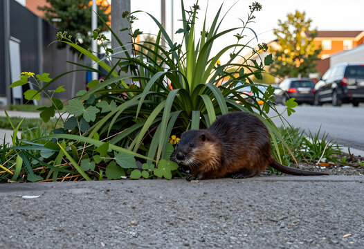 Urban wildlife and nature adaptation, muskrat foraging in a suburban garden near a street with cars and residential houses during the golden hour