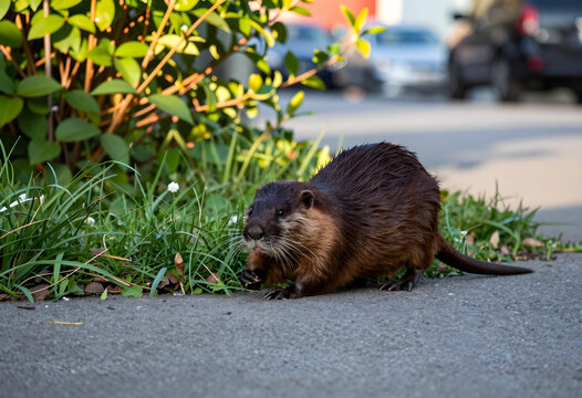 Urban wildlife and nature in city, muskrat foraging near roadside bushes and green grass in residential area during daylight with blurred background