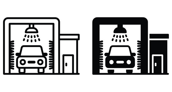 Automatic car wash station icon set with vehicle under water spray and rotating brushes in outline and solid black styles