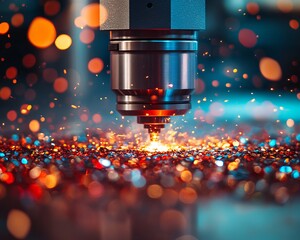 Close up metal cutting head of modern CNC machine industrial precision cutting work with hot sparks.