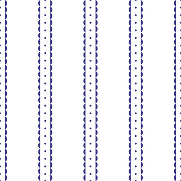 Classic blue and white seamless pattern with vertical striped borders and polka dots vector geometric textile design