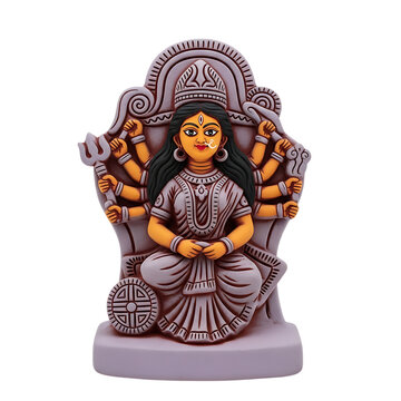 Statue of hindu goddess durga with multiple arms in traditional posture as transparent cutout