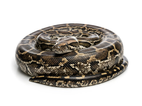 Burmese python coiled in a resting position isolated on a white background