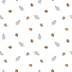 Watercolor autumn seamless pattern with acorns and delicate leaves forest woodland botanical design for fabric and wrap paper © Meyto Elements