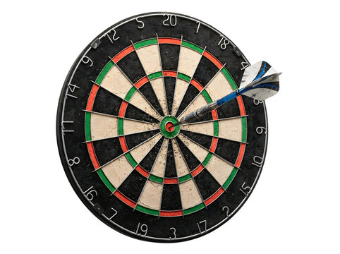 Single dart hitting the bullseye center of a round dartboard isolated on white