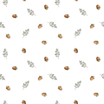 Watercolor autumn seamless pattern with acorns and delicate leaves forest woodland botanical design for fabric and wrap paper