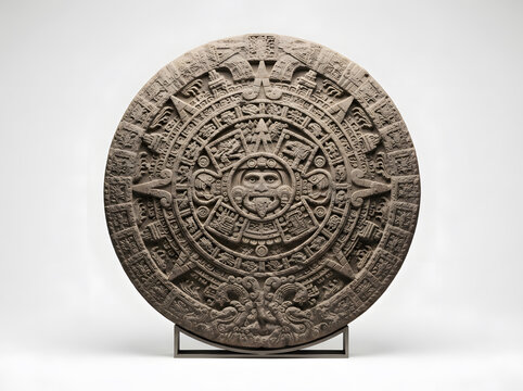 Aztec sun stone replica carved in stone isolated on a white background