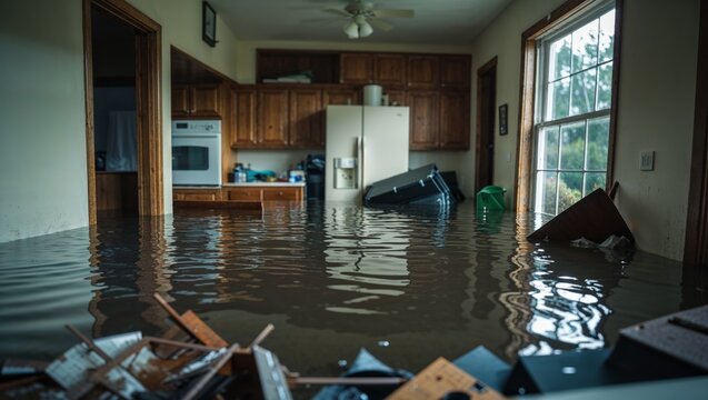 Devastating interior flood damage in a residential kitchen with submerged furniture and debris