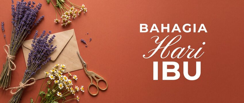 Hari Ibu Mothers Day greeting card flat lay arrangement featuring lavender bouquet, chamomile flowers, kraft paper envelope, and vintage scissors on terracotta background with Indonesian typography.