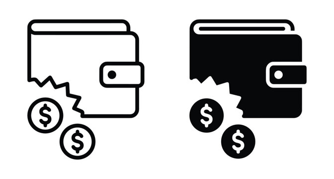 Broken wallet icon set showing financial loss bankruptcy and poverty with dollar coins falling out of torn leather pocket symbol