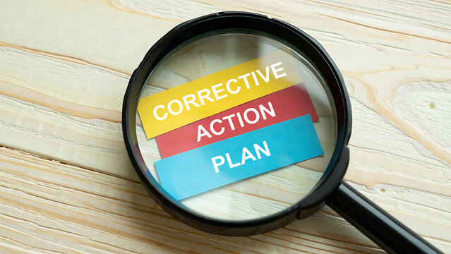 Magnifying glass examining a corrective action plan on a wooden desk