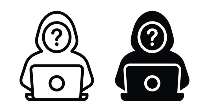 Hacker anonymous hooded figure question mark face laptop computer cyber security data breach internet crime privacy identity theft unknown user