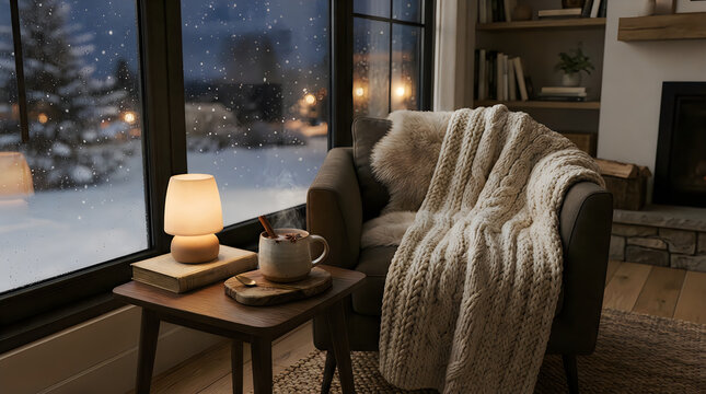 Cozy reading nook with a warm lamp and a view of a snowy city night