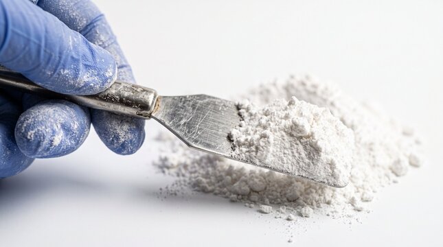 Scientist in blue gloves holds spatula with white powder on isolated white background AI production chain stages.