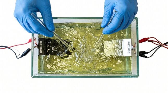 Electrolysis process in a laboratory setting with anode and cathode plates in solution AI production chain stages.