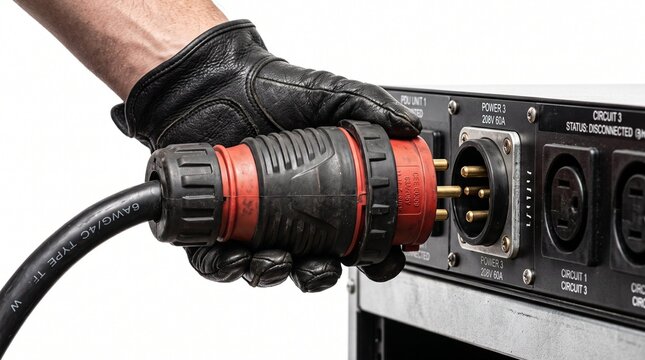 Technician connecting heavy duty power plug to PDU unit for data center equipment AI production chain stages.
