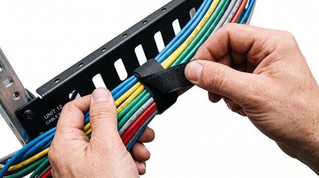 Hands organizing network cables with velcro strap on a white background AI production chain stages.