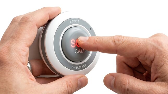 Person pressing an emergency sos call button for assistance on a white background AI production chain stages.