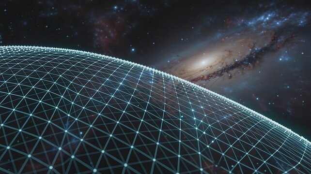 Grid sphere hovering in outer space with bright stars and galaxy background.