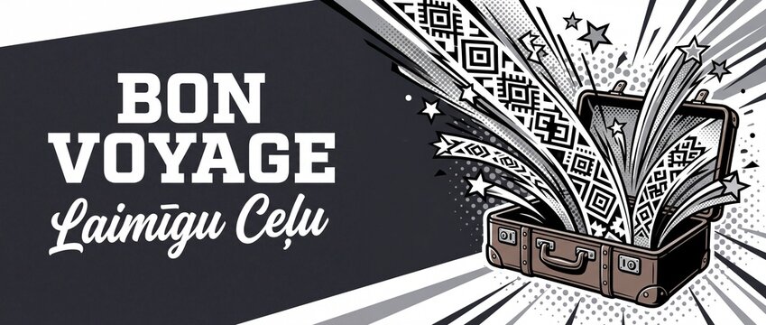 Bon voyage travel suitcase banner with retro comic pop art illustration bursting open with folk ornaments and stars for safe trip card design banner background laimigu celu latvian travel concept