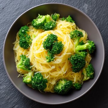 A top-down view of a dark bowl filled with cooked spaghetti squash strands topped with vibrant green steamed broccoli florets, presented on a textured dark slate background.