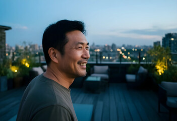 Fototapeta premium Work-life balance and urban lifestyle, happy asian man relaxing on a rooftop terrace at twilight with city skyline view and evening city lights background