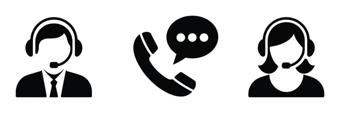 Customer service icons, black call center agents with headsets and telephone support symbols for business communication, assistance, and helpdesk design.