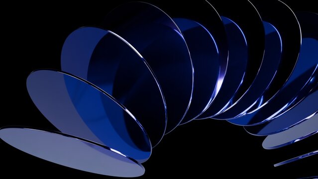 Abstract Dark Blue Glowing Disc Array Rotating In Spatial Dimensions Creating Dynamic Cyberpunk Technological Motion Graphic Background Design