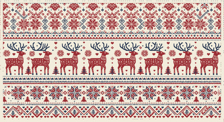 Festive Nordic christmas knitted pattern with deers and snowflakes © Gimhana