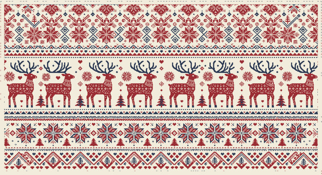 Festive Nordic christmas knitted pattern with deers and snowflakes