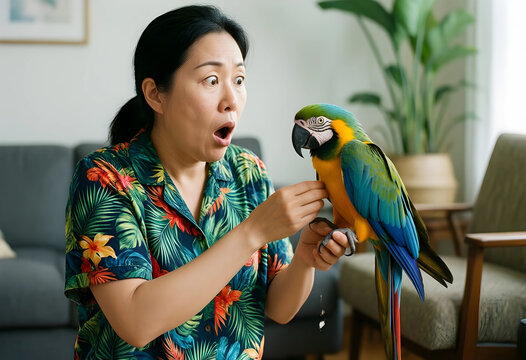 Pet ownership and companionship, surprised woman interacting with a colorful macaw parrot at home in a casual living room setting with tropical style