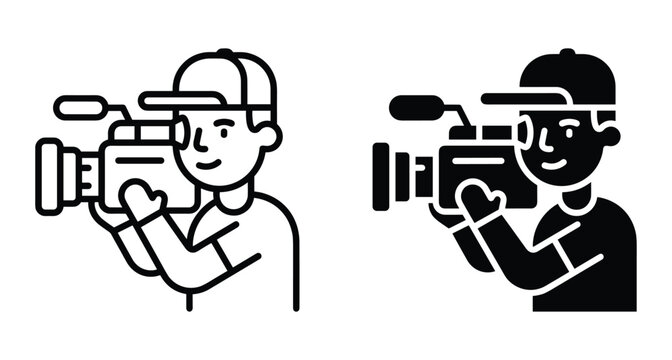 Cameraman videographer icon set featuring a male operator holding a professional video camera in line and solid glyph styles