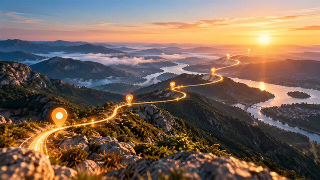 A glowing trail links checkpoint markers across a rocky mountain ridge above a winding river at sunrise, illustrating business roadmap milestones, navigation and progress through a misty landscape