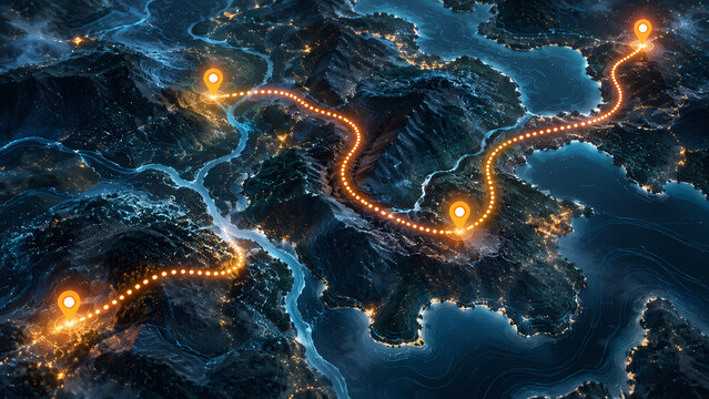 An overhead view shows a glowing route linking checkpoint pins across rugged terrain and blue waterways, illustrating business roadmap milestones, navigation and progress through connected stages