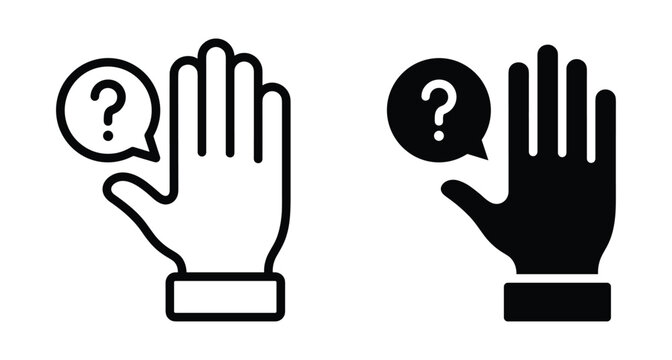 Hand icon with question mark speech bubble symbol for asking questions student participation in classroom help and support assistance