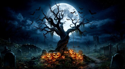 Fototapeta premium Halloween tree with glowing jack-o-lanterns under a full moon in a graveyard