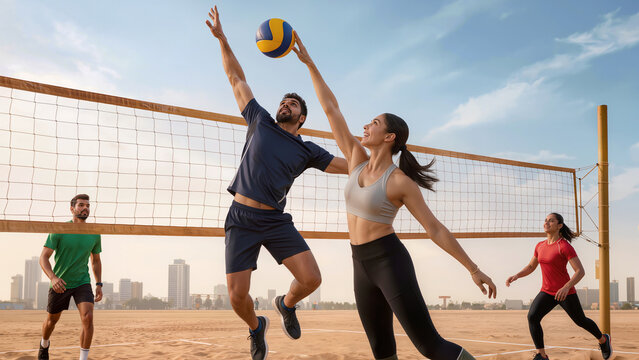 Athletic Young Indian People Playing Beach Volleyball on Outdoor Court with Player Jumping